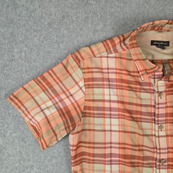 Eddie Bauer Shirt Mens Size Medium Short Sleeve Button Down Peach color Plaid - Picture 4 of 16